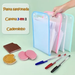 Kit Pasta Sanfonada A4 12 Divisórias 3 Canetas Esferográficas Bloco de Notas Adesivas