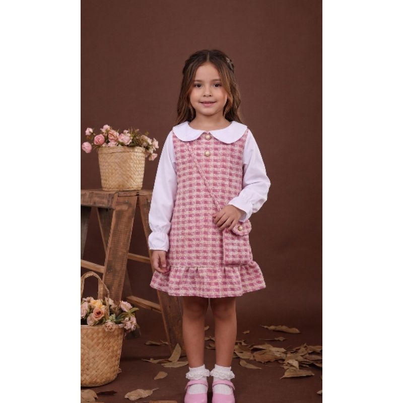 Vestido Infantil Tweed Rosa Xadrez + Bolsinha Combinando!  Fofo, Elegante & Perfeito para Festas! Festa junina são João