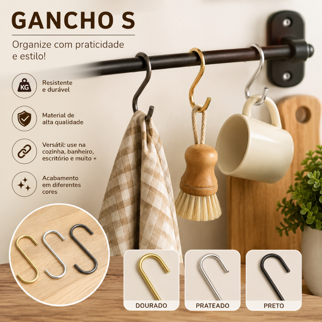 Kit Gancho multiuso em S Suporte de pendurar utilidades plantas vaso jardim preto prata ou dourado