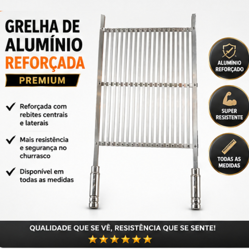 Grelha Alumínio Reforçada Premium Churrasqueira Todas Medidas Cabo Madeira Revestido com Aluminio Polido