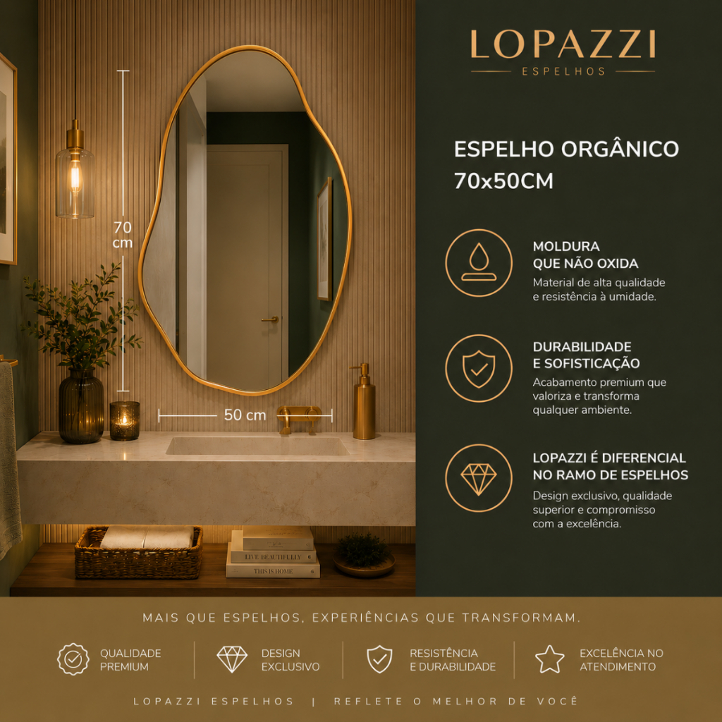 Imagem Espelho Orgânico Lopazzi Com Moldura em Alumínio Borda 70x50cm Banheiro Lavabo Decorativo Decoração