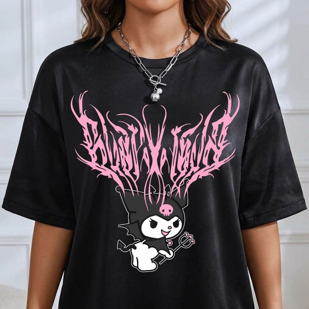Camiseta Feminina Confortável Estampada Kuromi Tendência 100% Algodão Camisa Desenho Animado T-Shirt