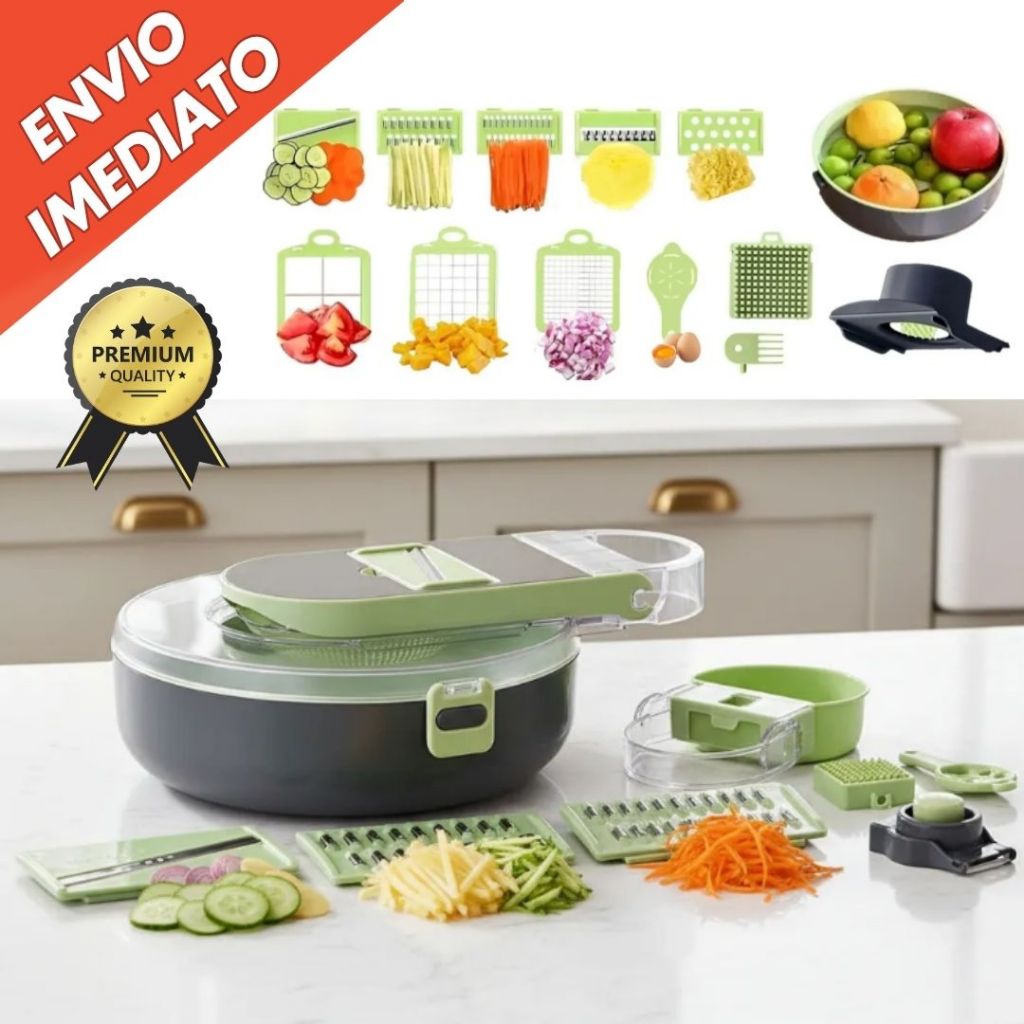 Ralador Cortador Fatiador Corta Vegetais Legumes Frutas Redondo 15 Peças Tampa Peneira 7 Lâminas