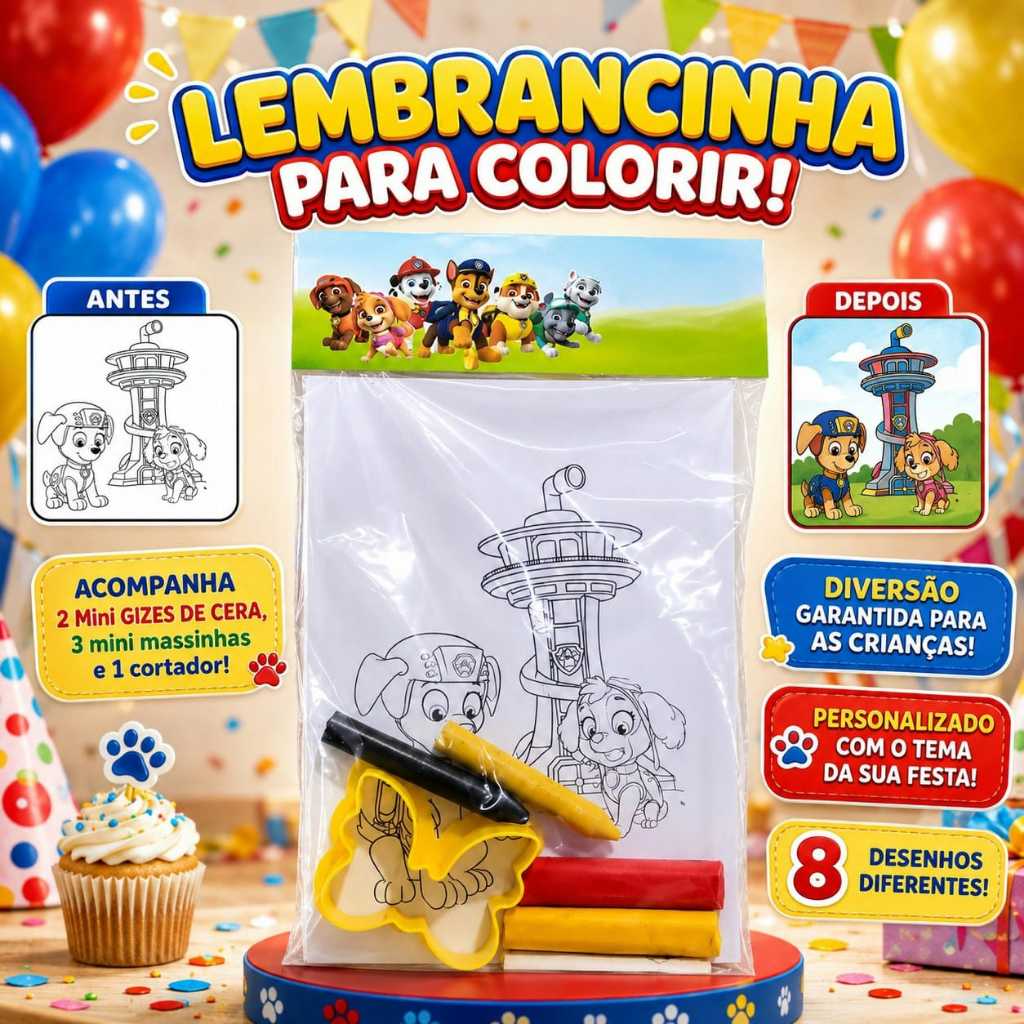 Kit Para Colorir Premium Patrulha Canina Personalizado para Festa Infantil + Kit Massinha + Giz, Lembrancinha Criativa