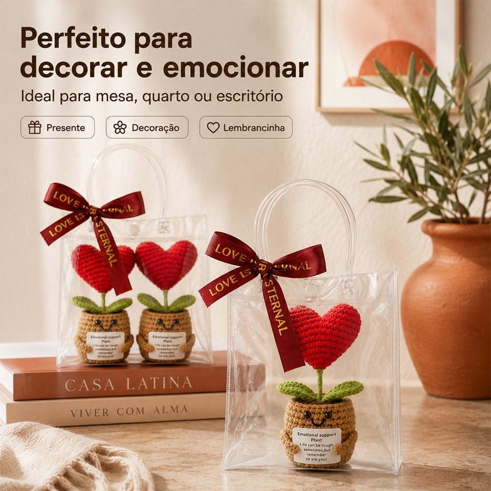 Planta Suporte Emocional Coração Crochê Amigurumi Presente Com Sacola