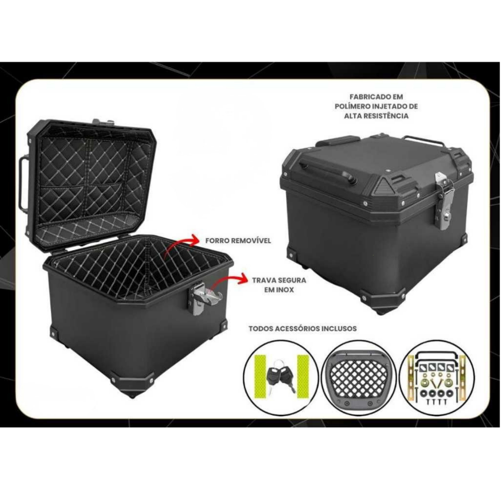 BAÚ BAULETO PLASTICO ABS TRASEIRO 45L UNIVERSAL PRETO/PRATA COM BASE E FORRO