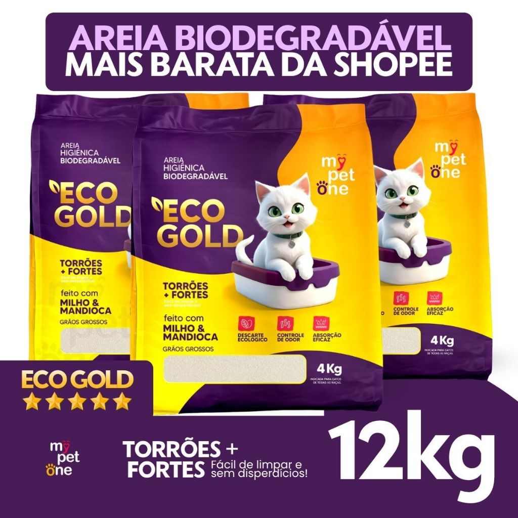 Kit 3 Areia Eco Gold Biodegradável Grossa MyPetOne 4Kg