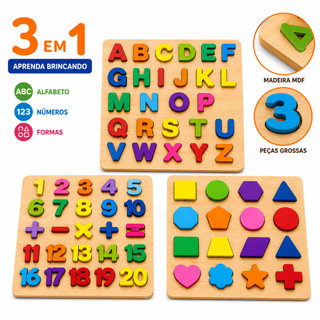 Kit Aprenda Brincando Educativo 3 em 1 Madeira Alfabeto  Números e Formas Geométricas