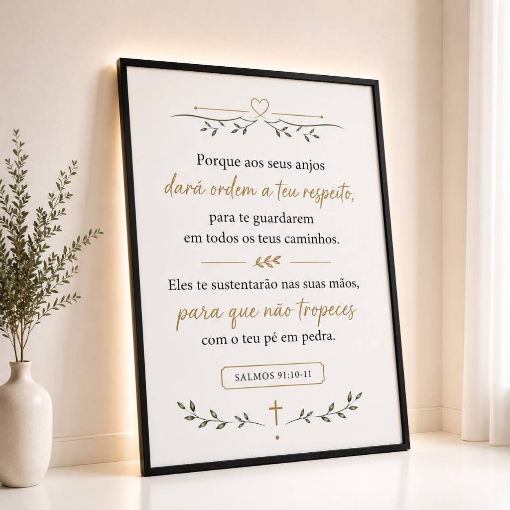 Quadro Decorativo Salmo 91:11 Deus Ordenará Seus Anjos Sobre Ti Frase Bíblica Para Sala Quarto