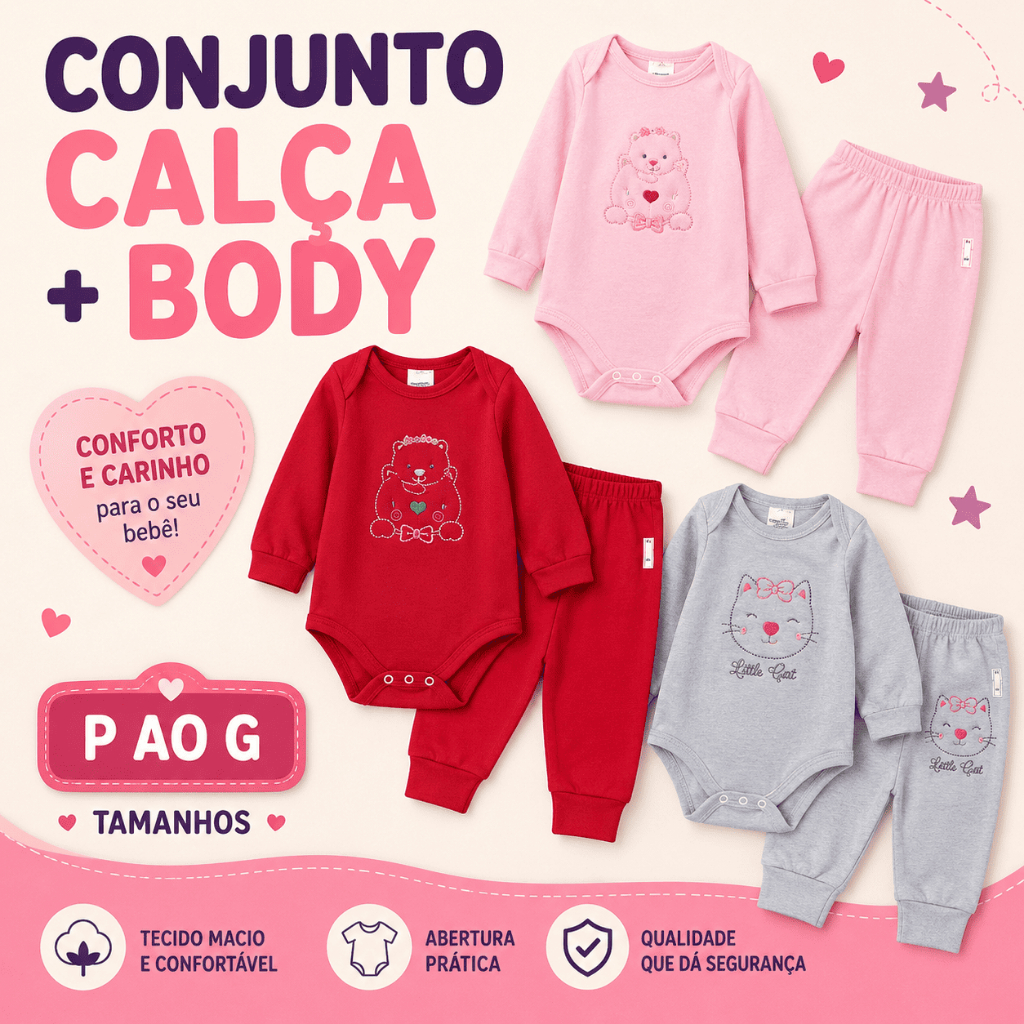 Conjuntos  Body Manga Longa + Calça Algodão Estampado frio Menina Infantil Confortável Qualidade