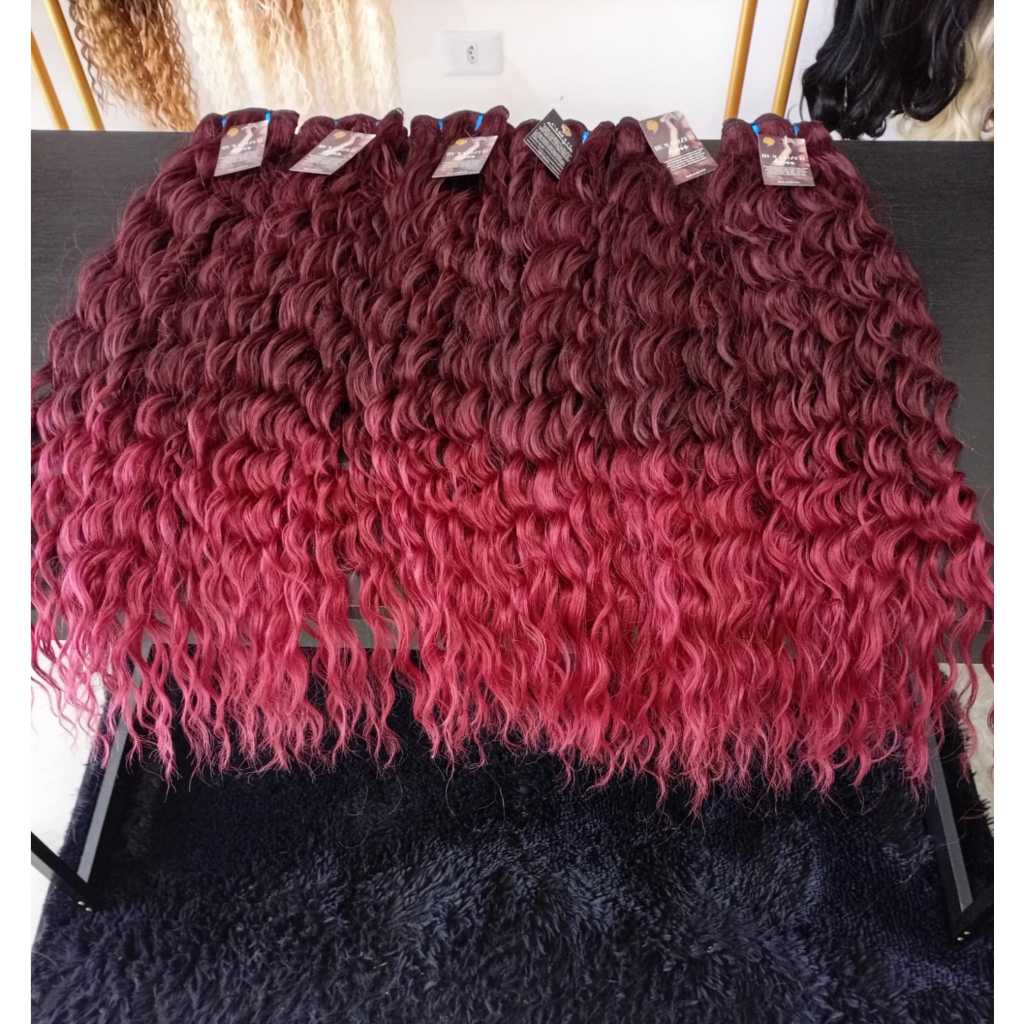 Aplique de Cabelo na Tela Mega Hair Natural Fibra Russa Cacheado Marsala 50cm Premium Bella Hair