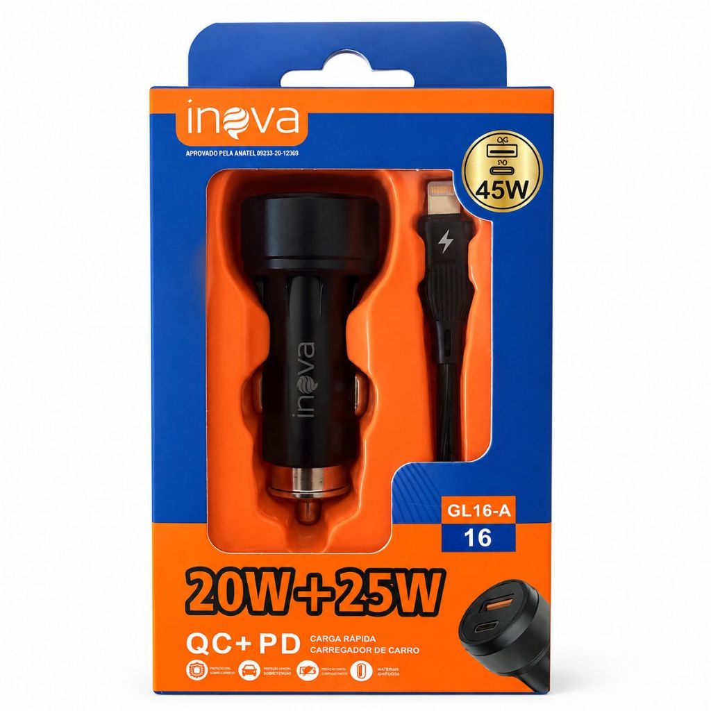 Carregador Veicular Inova 45W QC PD Turbo USB Cabo IPhone Lightning l6 Carro 12V 24V Rápido