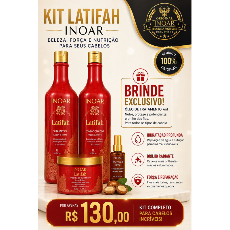 ar as seguintes informações:  Produto: Kit INOAR Latifah Argan & Mirra Conteúdo do kit: