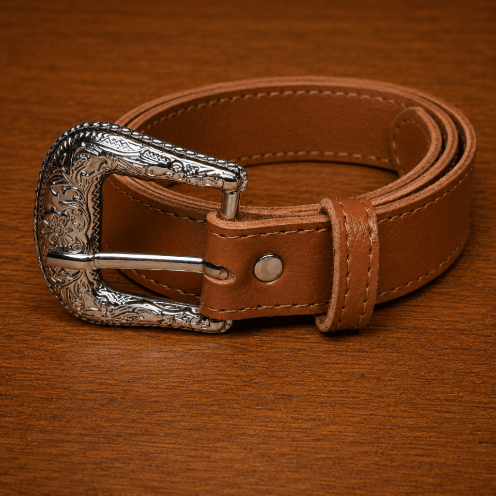 Cinto Country Infantil Caramelo com Fivela Prata Trabalhada | Estilo Cowboy Rodeio | Menino e Menina