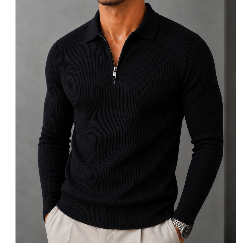 Camisa Polo Manga Longa Masculina Italiana Canelada Zíper Slim Fit Casual Social Elegante Premium