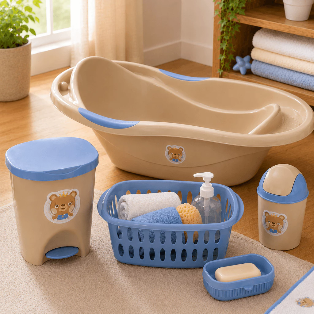 Kit Para Banho Quarto Bebê Baby Menino Banheira Saboneteira Cesto e Lixeiras Azul — imagem 1