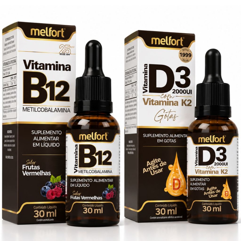 Vitamina B12 Metilcobalamina Gotas 30ml Sabor Frutas Vermelhas + Vitamina D3 2000UI com K2 Gotas 30ml