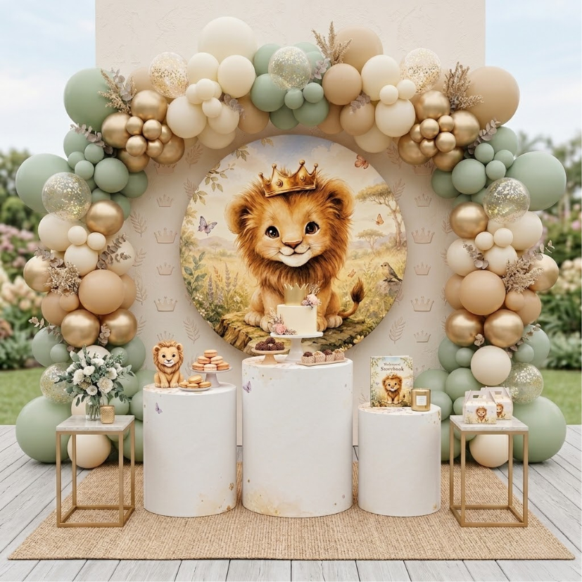 Capas Festa Safari Baby Leãozinho Painel Redondo Trio Cilindro Decoração Infantil