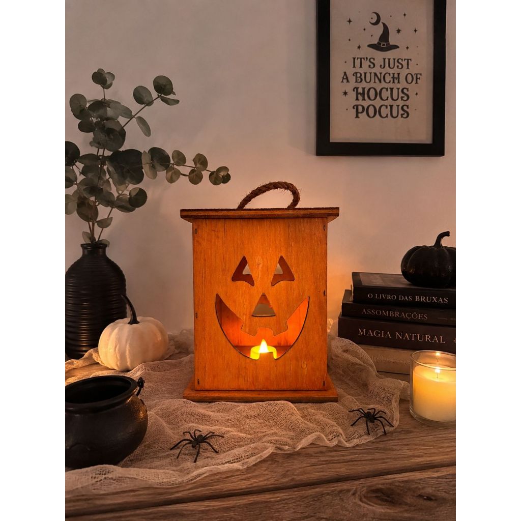 Luminária Halloween Em Madeira Com Led Lanterna Decorativa para Mesa Ou Chão Decoração de Festa