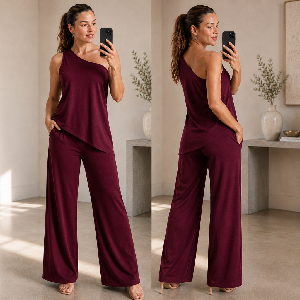 Conjunto Feminino Uma Alça Social Nula Manga Duna Elegante Blusa Assimétrico Mula Manca Calça Pantalona Outono Inverno