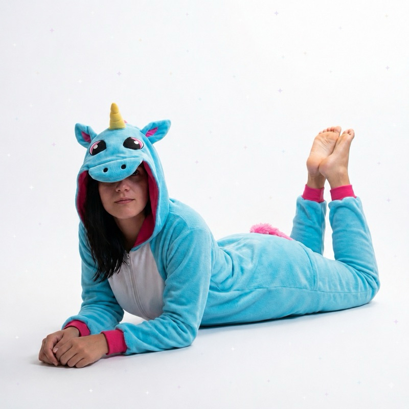Kigurumi Unicórnio Azul Pijama Fantasia Adulto Infantil