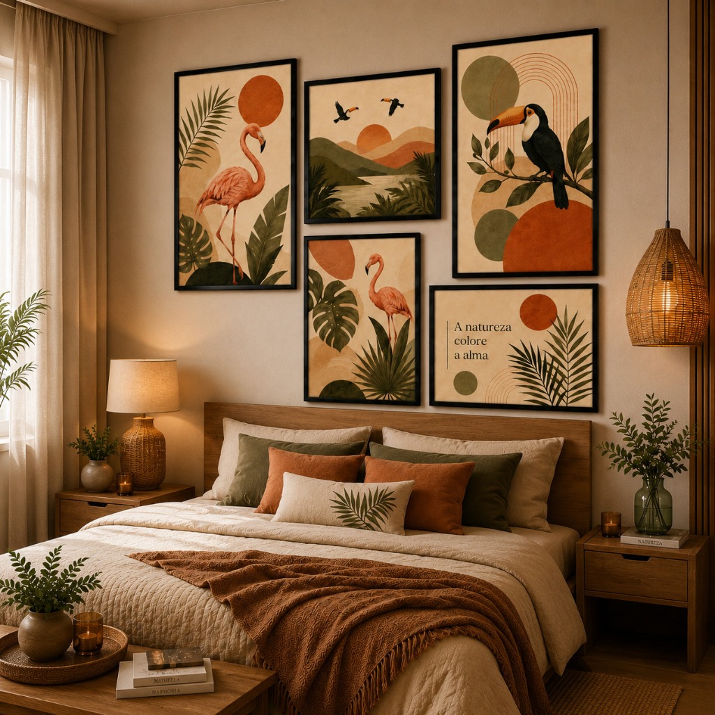 Kit 5 Quadros Decorativos Flamingo e Tucano Tropical Boho Chic Natureza Moderna Sala