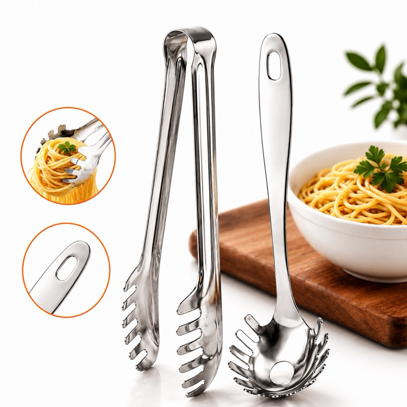 Kit Pegador e Concha Massas em Aço Inox  Utensílios para Servir Macarrão e Salada