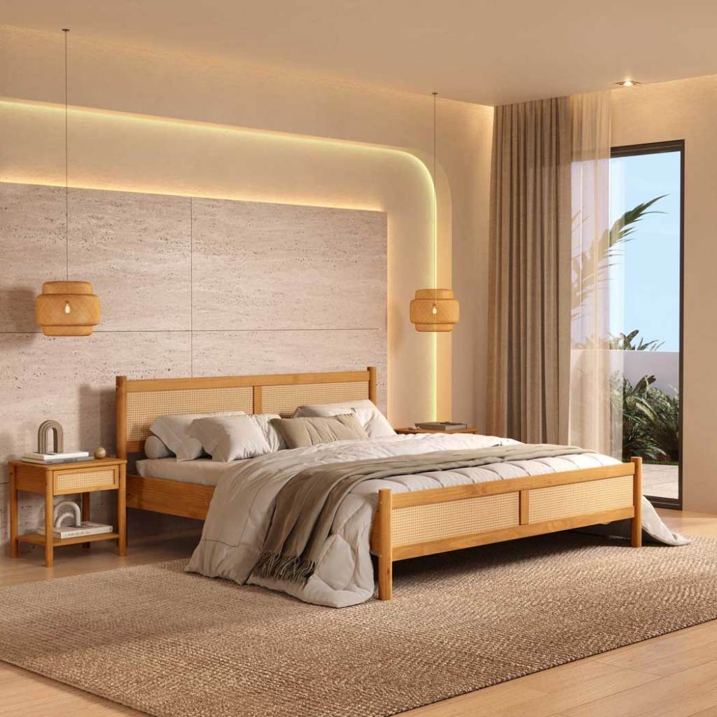 Cama King Madeira Maciça Rattan Palhinha Estrado Incluso Freijó Cefira