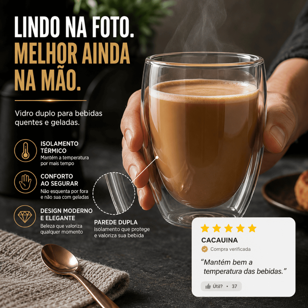 Conjunto Kit Copos de Vidro Borossilicato Duplo Xicara Parede Dupla Isolante Térmico