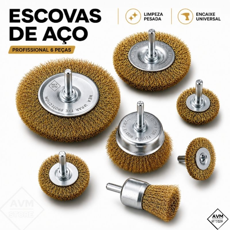Kit Escova de Aço Circular para Furadeira Parafusadeira Jogo 6 Escovas de Limpeza Rotativa com Haste