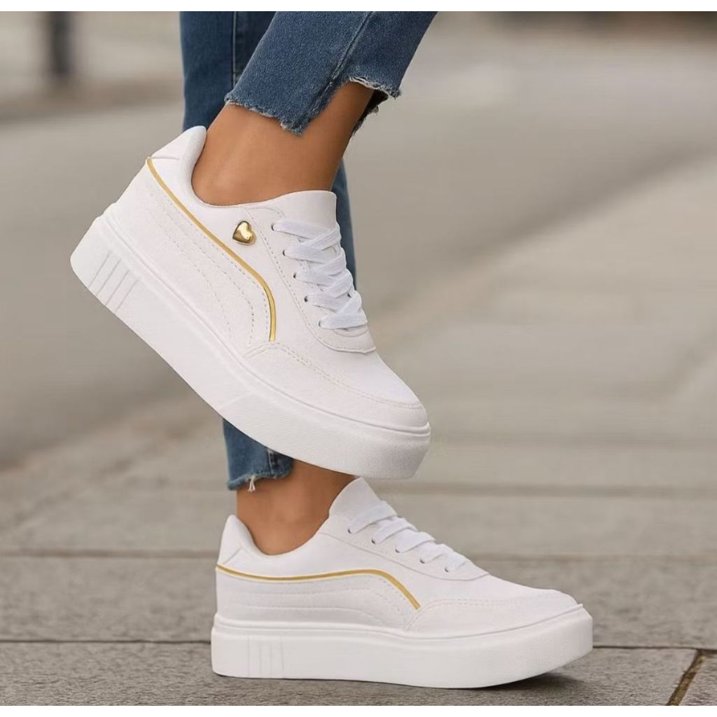 Tênis Casual Branco-Preto Plataforma Estiloso Unissex