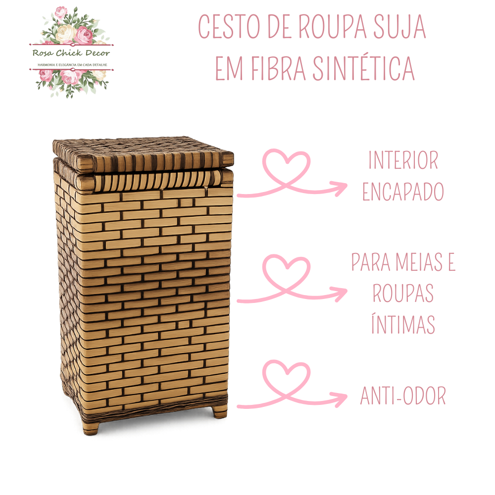 Cesto de Roupa Suja Fibra Sintética 24x24x40 Organizador Banheiro Quarto Meias Lavanderia Luxo