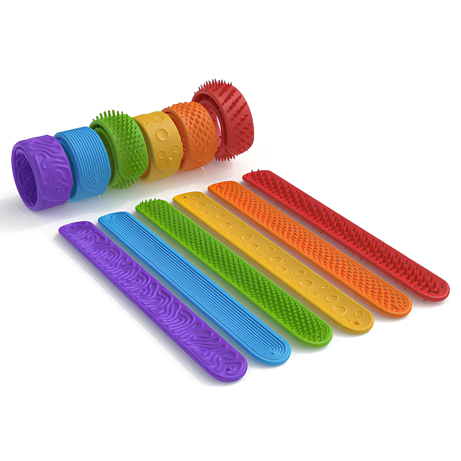 Kit 6 Pulseiras Sensoriais para Autismo TDAH Mordedor de Silicone Texturas Terapêuticas Bate e Enrola