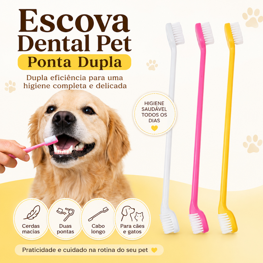 Escova de Dentes Pet com Cabo Longo para Cachorro e Gato Dupla Face Ergonômica Higiene e Saúde
