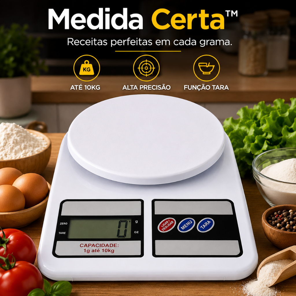 Balança Digital Cozinha 10kg Alta Precisão LCD Função Tara Portátil para Receitas Dieta Medida Certa™