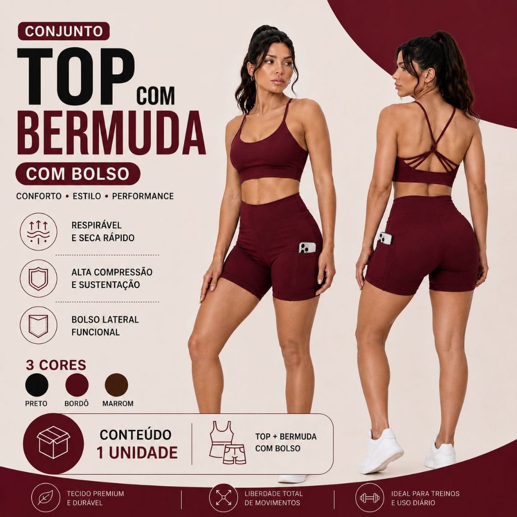 Conjunto Feminino Fitness Short Com Bolso Cintura Alta + Top Zero Transparência Moda e Academia