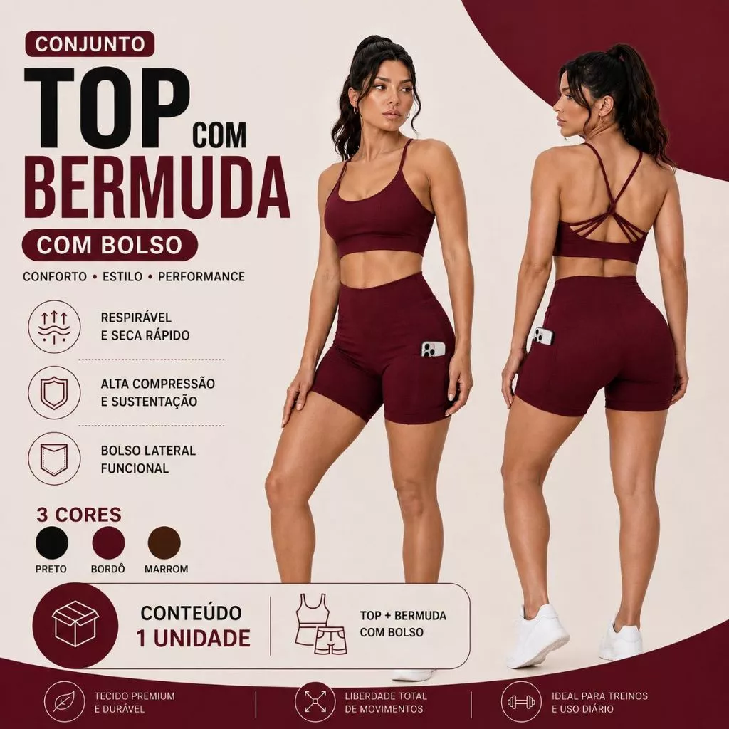 Conjunto Feminino Fitness Short Com Bolso Cintura Alta + Top Zero Transparência Moda e Academia