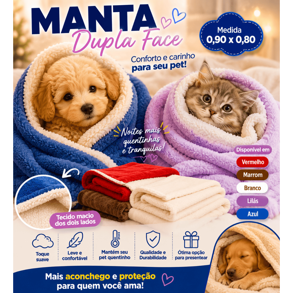 Manta Dupla Face Pet 90x80cm Macia Quentinha Antialérgica Confortável