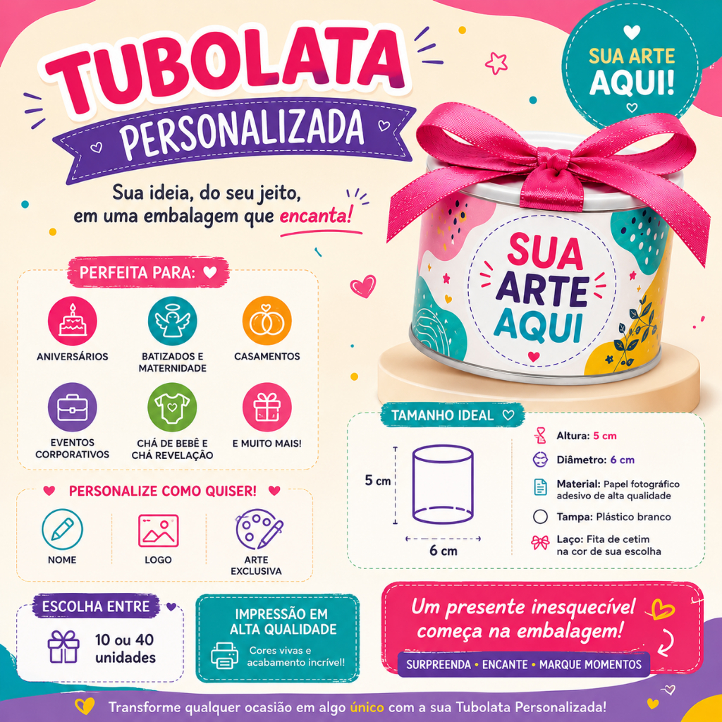 Kit tubolatas personalizadas • Lembrancinha maternidade | batizado | aniversário | chá de bb • 5x6