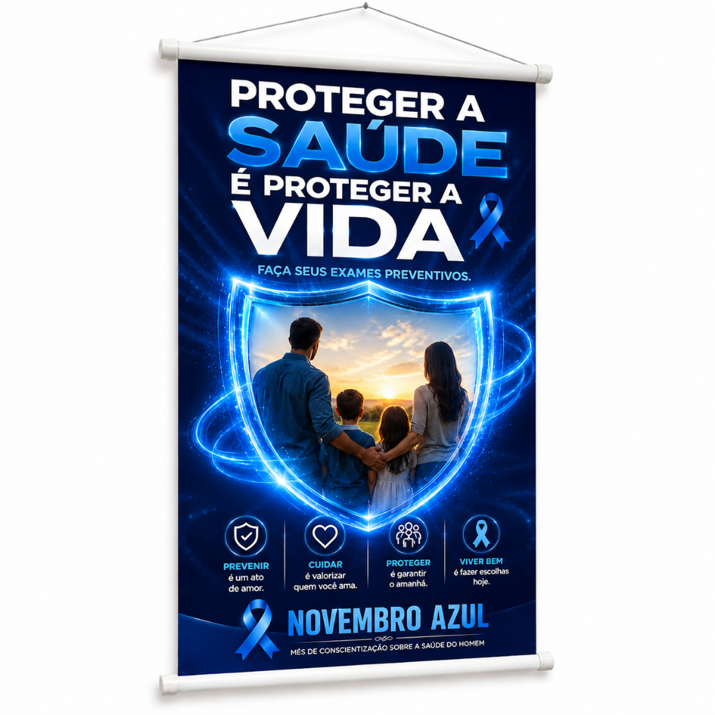 Banner Novembro Azul Saúde do Homem Campanha Prevenção produzido em lona. Cartaz para Hospital Clínica Reuniões  Pub1135