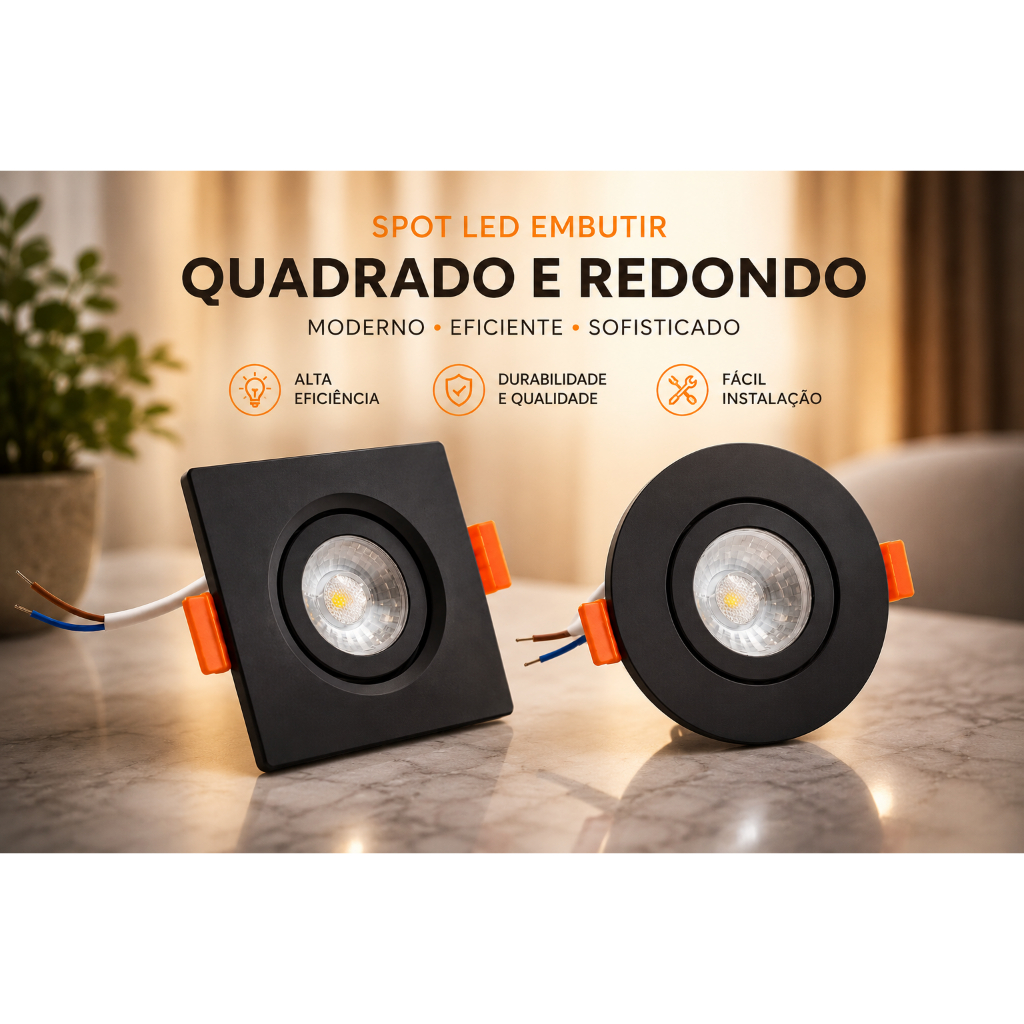 Kit 10 Spots Led Embutir 7 Preto Direcionável Bivolt Ip65