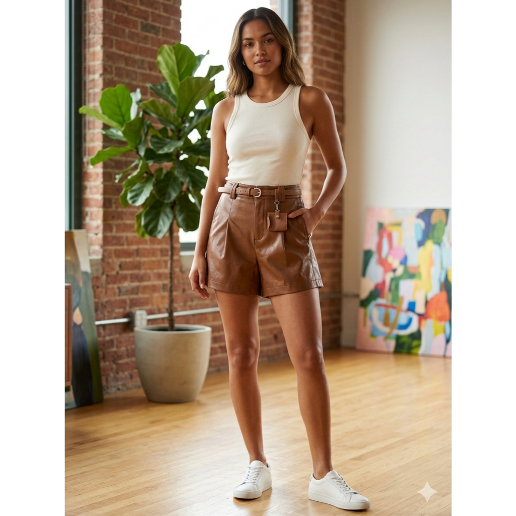 Short Curto Couro Pu  Com Cinto Forro De Dentro Cores Moda Femenina 88