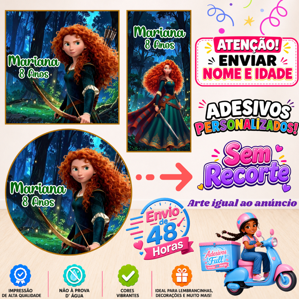 Princesa Valente - 100/60/40 Adesivos Personalizados Lembrancinhas Festa Aniversário