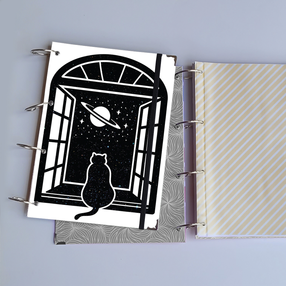 Caderno Argolado Gato na Janela da Galáxia (Capa e Argolas) Universitário Colegial A5 Fichário
