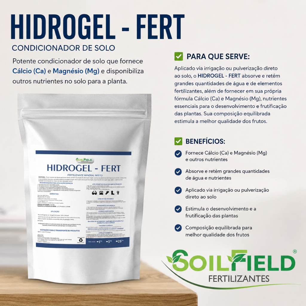Hidrogel - Fert - É um potente condicionador de solo que fornece Cálcio e Magnésio e disponibiliza outros nutrientes.