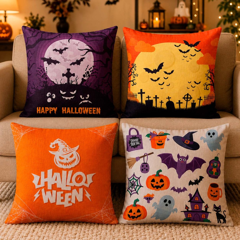 Kit 4 Capas de Almofada Enfeite Decoração de Halloween Caveiras Bruxa Abóboras