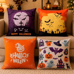 Kit 4 Capas de Almofada Enfeite Decoração de Halloween Caveiras Bruxa Abóboras