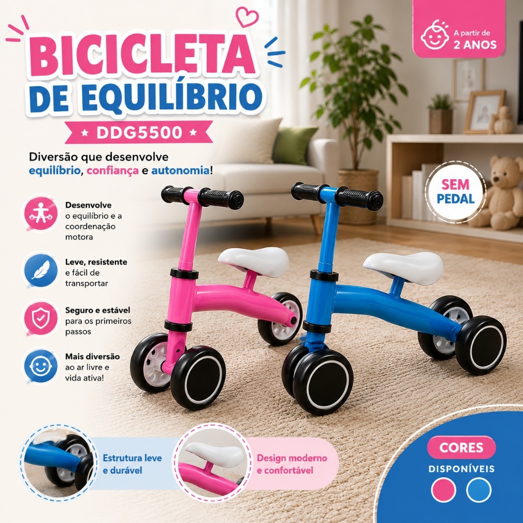 Bicicleta de Equilíbrio Infantil Sem Pedal Ajustável Rosa/Azul – Coordenação e Diversão