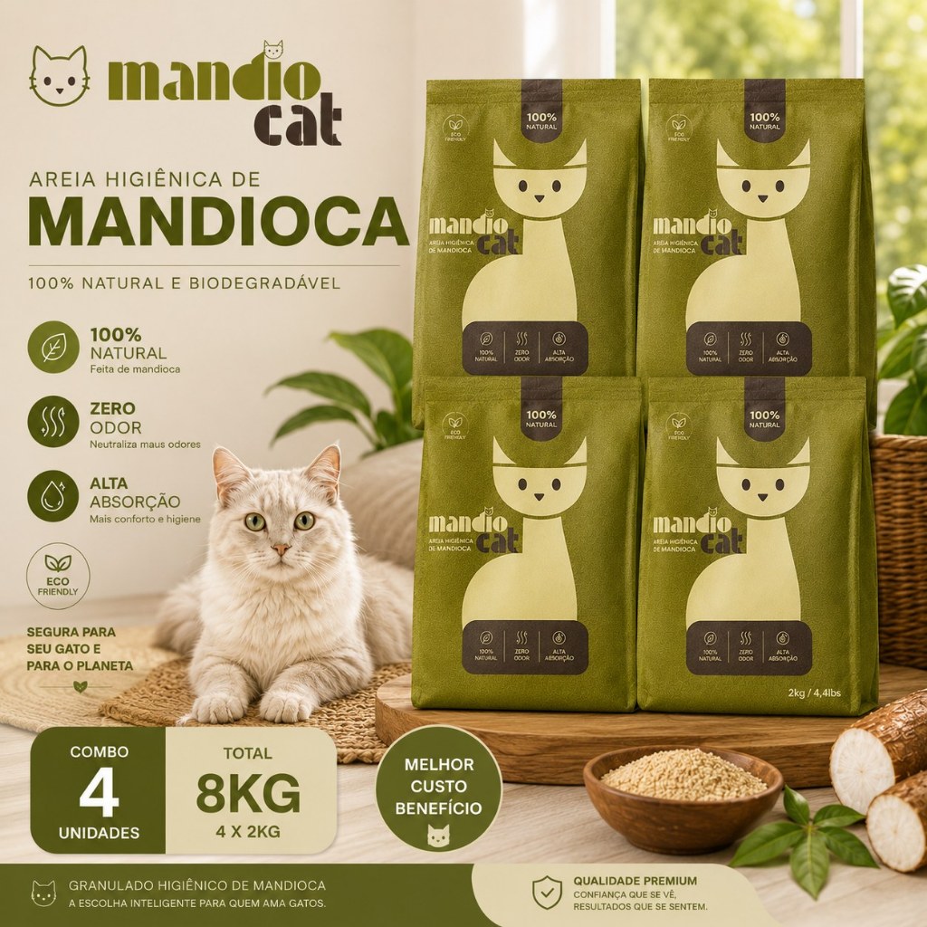 Areia Gato Mandiocat Mandioca Biodegradavel Natural gatos graos finos 8KG