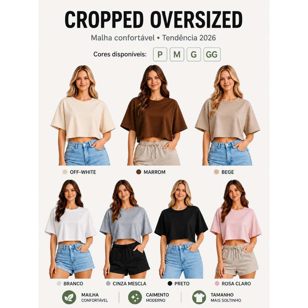 Cropped Oversized Feminino Básico 100% Algodão Camiseta Manga Curta Moda Casual Soltinha Tendência 2026